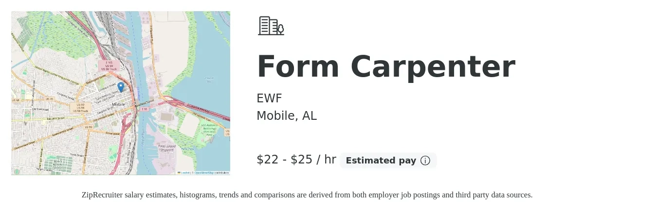 EWF job posting for a Form Carpenter in Mobile, AL with a salary of $23 to $26 Hourly with a map of Mobile location.
