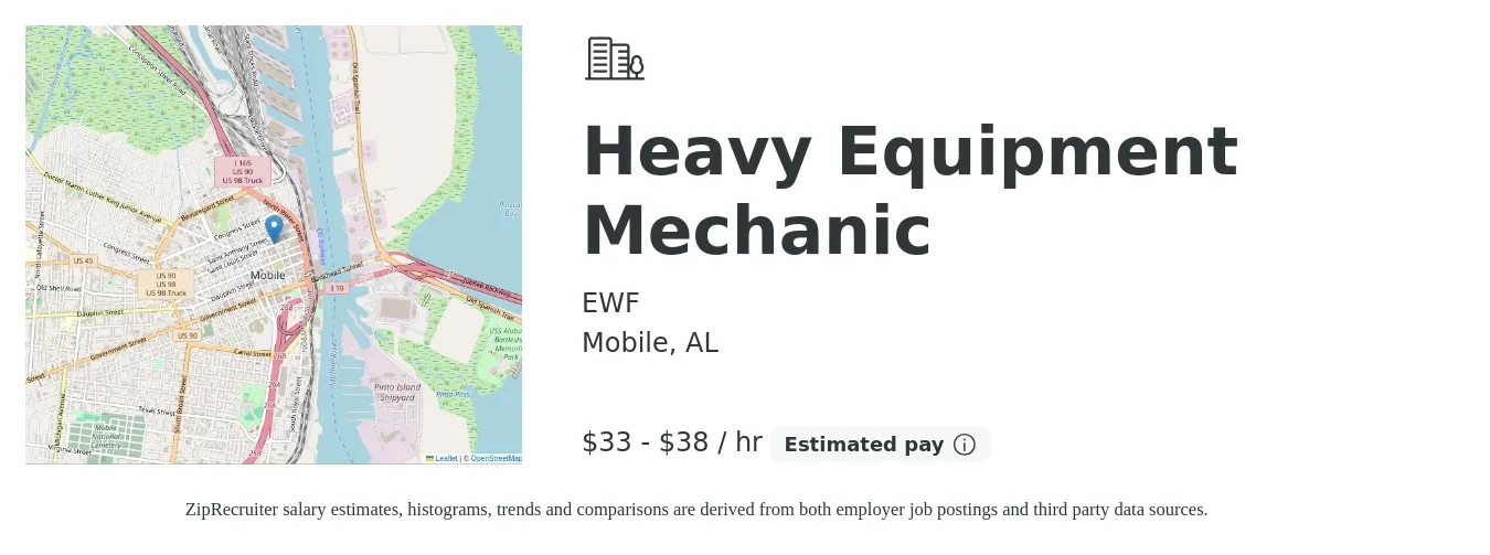 EWF job posting for a Heavy Equipment Mechanic in Mobile, AL with a salary of $35 to $40 Hourly with a map of Mobile location.