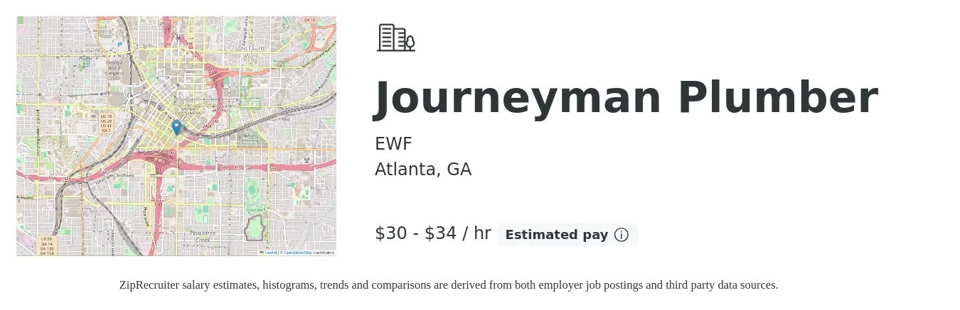 EWF job posting for a Journeyman Plumber in Atlanta, GA with a salary of $25 to $35 Hourly with a map of Atlanta location.