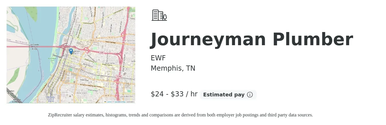 EWF job posting for a Journeyman Plumber in Memphis, TN with a salary of $25 to $35 Hourly with a map of Memphis location.