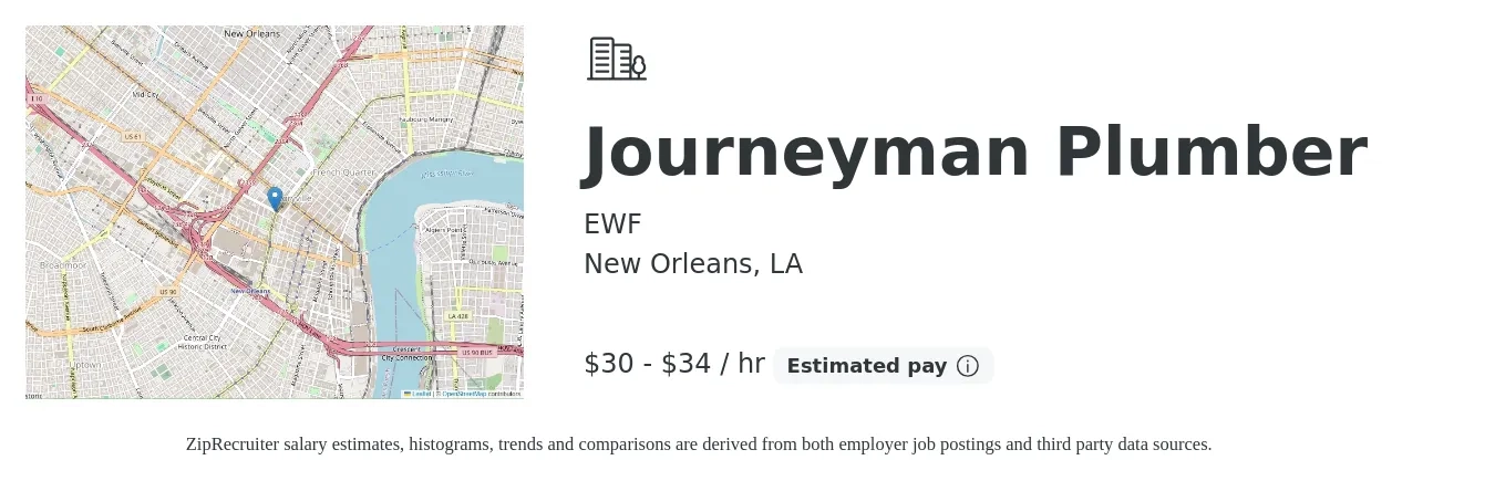 EWF job posting for a Journeyman Plumber in New Orleans, LA with a salary of $25 to $35 Hourly with a map of New Orleans location.