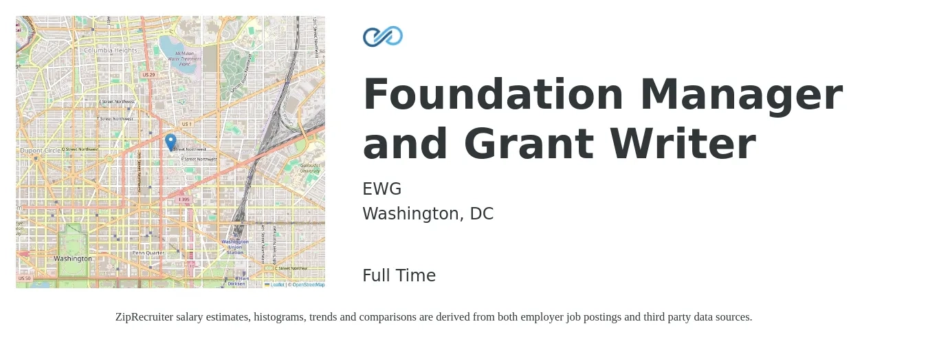 EWG job posting for a Foundation Manager and Grant Writer in Washington, DC with a salary of $58,700 to $82,900 Yearly with a map of Washington location.