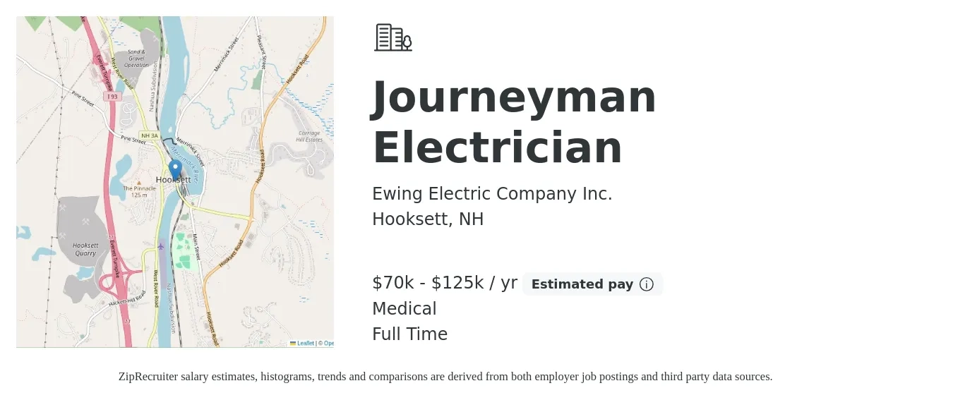 Ewing Electric Company Inc. job posting for a Journeyman Electrician in Hooksett, NH with a salary of $70,000 to $125,000 Yearly and benefits including medical, and retirement with a map of Hooksett location.
