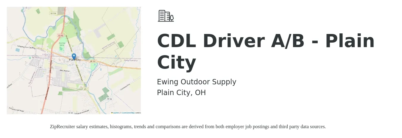 Ewing Outdoor Supply job posting for a CDL Driver A/B - Plain City in Plain City, OH with a salary of $25 to $42 Hourly with a map of Plain City location.