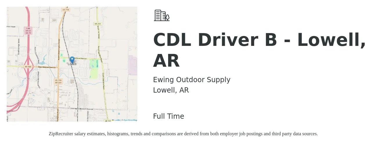 Ewing Outdoor Supply job posting for a CDL Driver B - Lowell, AR in Lowell, AR with a salary of $18 to $23 Hourly with a map of Lowell location.