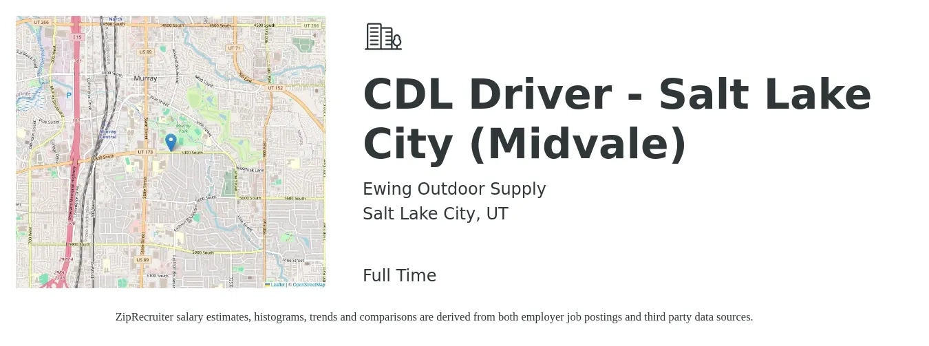 Ewing Outdoor Supply job posting for a CDL Driver - Salt Lake City (Midvale) in Salt Lake City, UT with a salary of $24 to $42 Hourly with a map of Salt Lake City location.