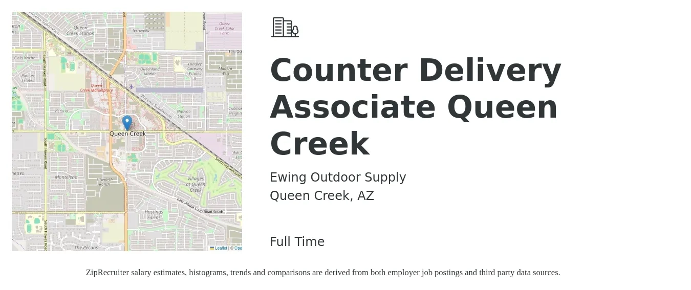 Ewing Outdoor Supply job posting for a Counter Delivery Associate Queen Creek in Queen Creek, AZ with a salary of $13 to $20 Hourly with a map of Queen Creek location.