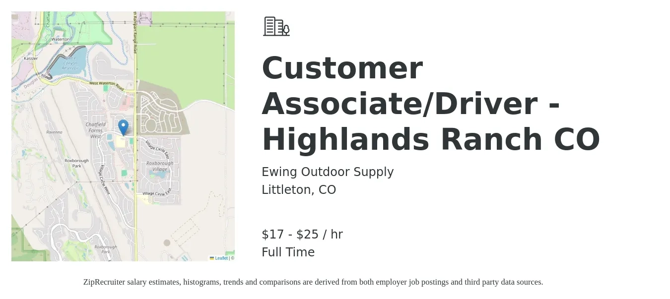 Ewing Outdoor Supply job posting for a Customer Associate/Driver - Highlands Ranch CO in Littleton, CO with a salary of $18 to $27 Hourly with a map of Littleton location.