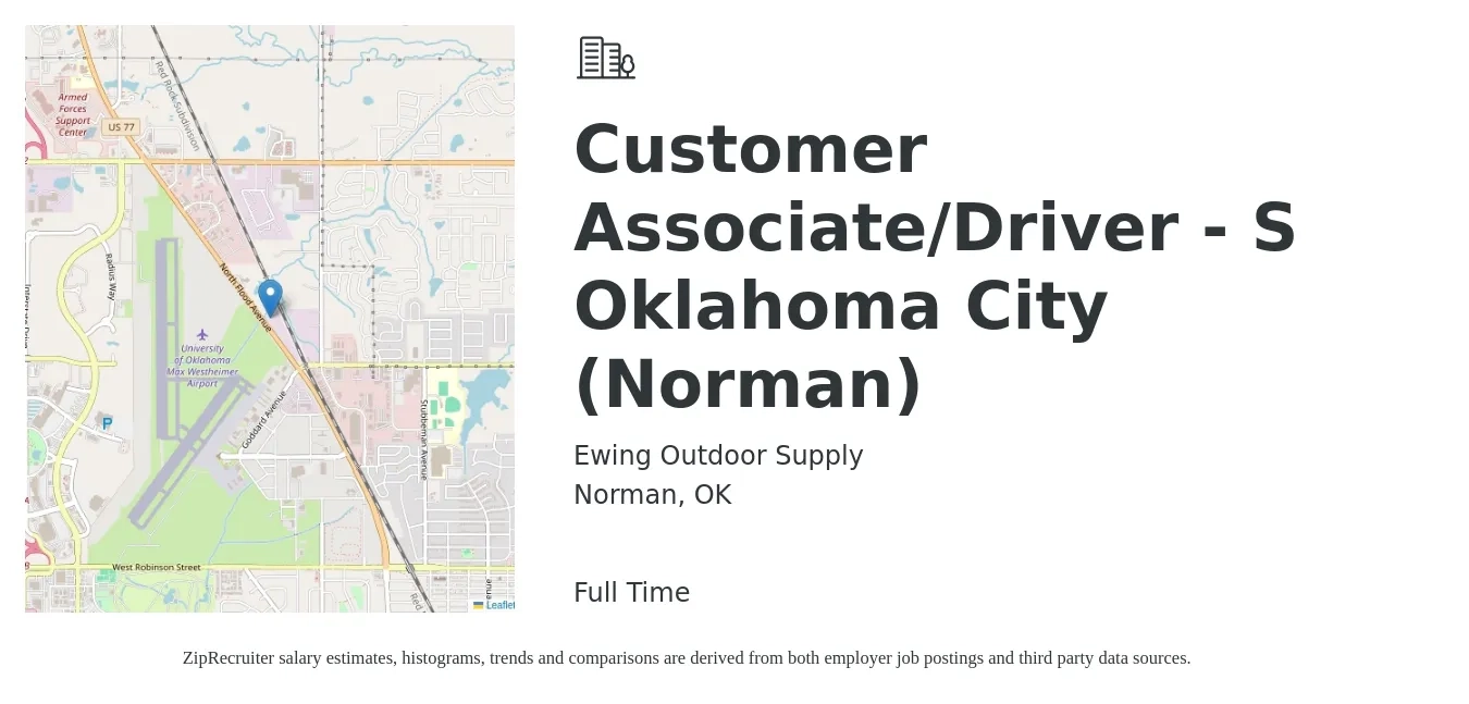 Ewing Outdoor Supply job posting for a Customer Associate/Driver - S Oklahoma City (Norman) in Norman, OK with a salary of $13 to $18 Hourly with a map of Norman location.
