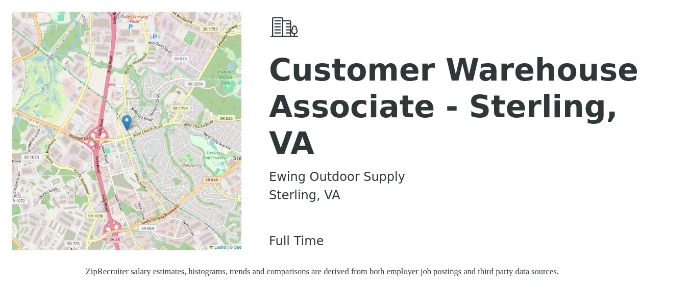 Ewing Outdoor Supply job posting for a Customer Warehouse Associate - Sterling, VA in Sterling, VA with a salary of $15 to $20 Hourly with a map of Sterling location.