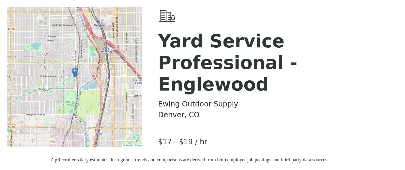Ewing Outdoor Supply job posting for a Yard Service Professional - Englewood in Denver, CO with a salary of $18 to $20 Hourly with a map of Denver location.