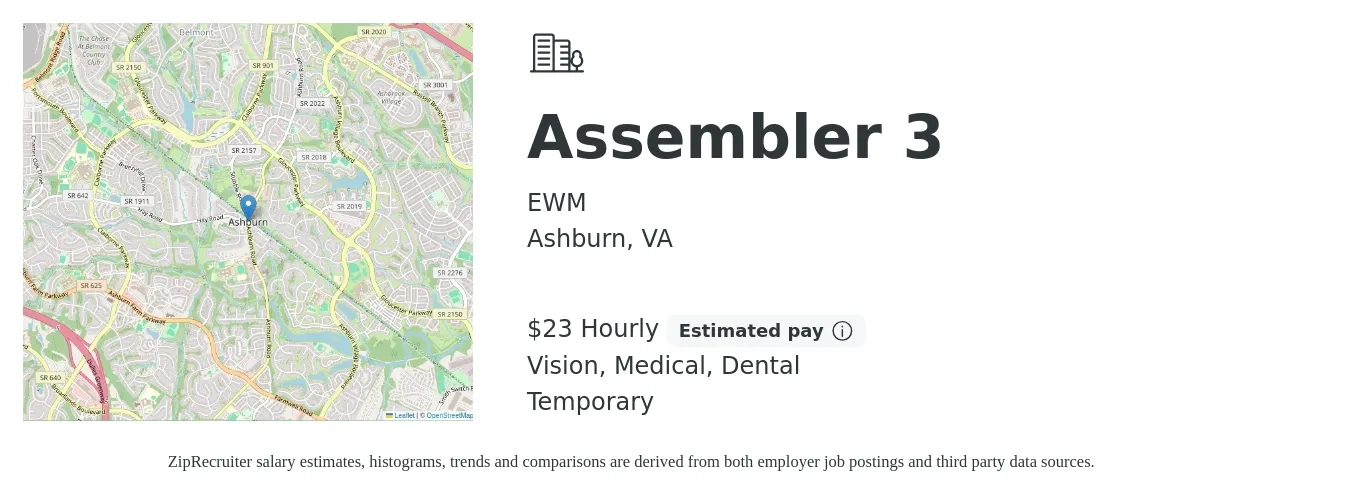 EWM job posting for a Assembler 3 in Ashburn, VA with a salary of $24 Hourly and benefits including retirement, vision, dental, life_insurance, and medical with a map of Ashburn location.