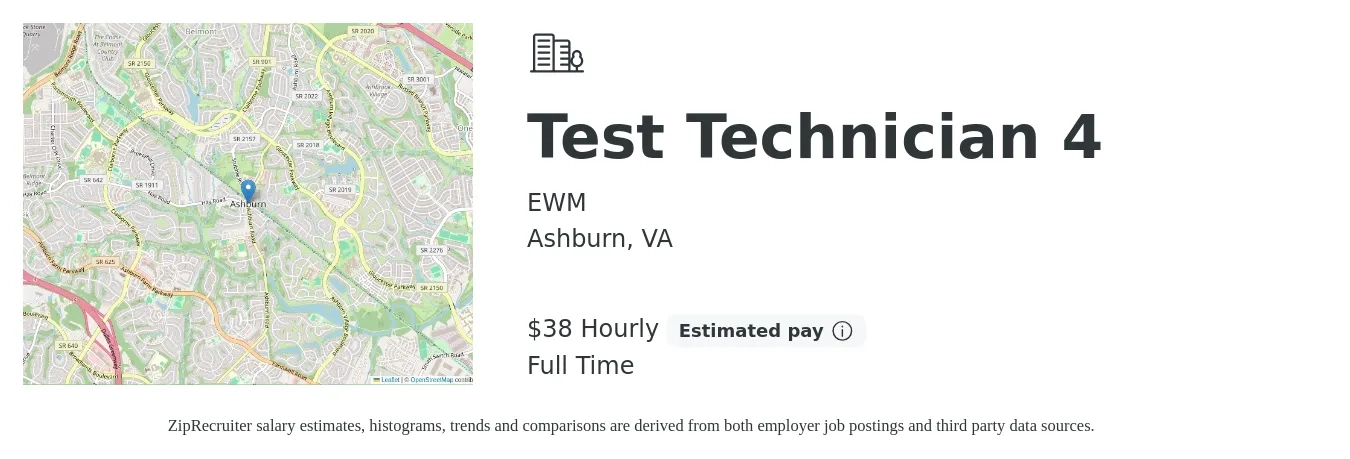 EWM job posting for a Test Technician 4 in Ashburn, VA with a salary of $40 Hourly with a map of Ashburn location.