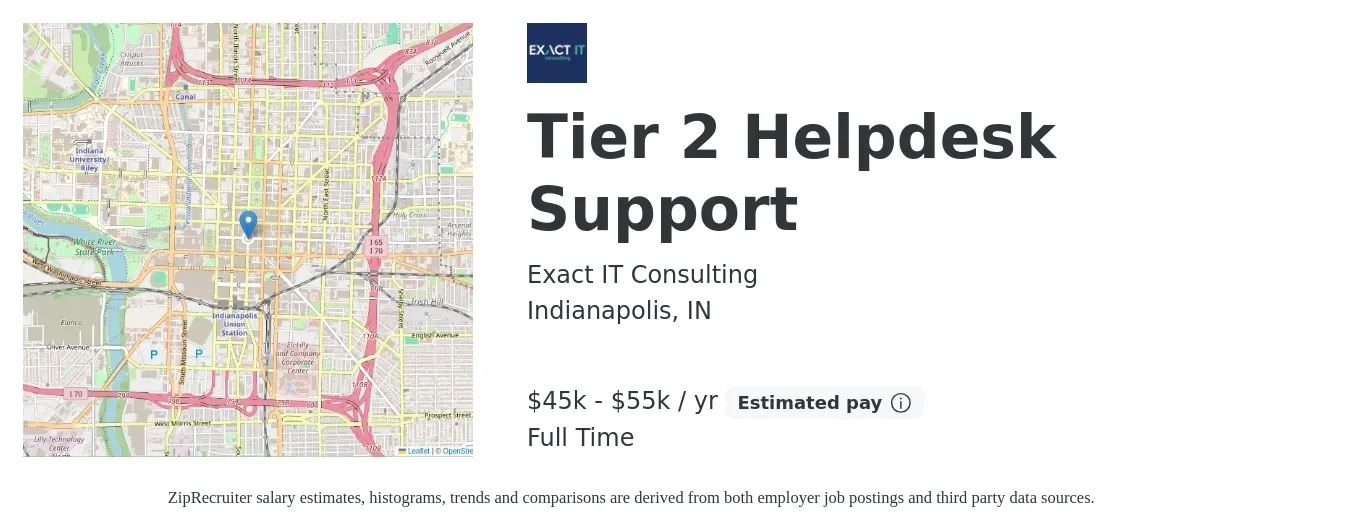 Exact IT Consulting job posting for a Tier 2 Helpdesk Support in Indianapolis, IN with a salary of $45,000 to $55,000 Yearly with a map of Indianapolis location.