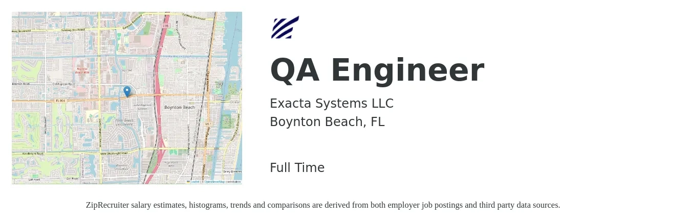 Exacta Systems LLC job posting for a QA Engineer in Boynton Beach, FL with a salary of $74,000 to $104,500 Yearly with a map of Boynton Beach location.