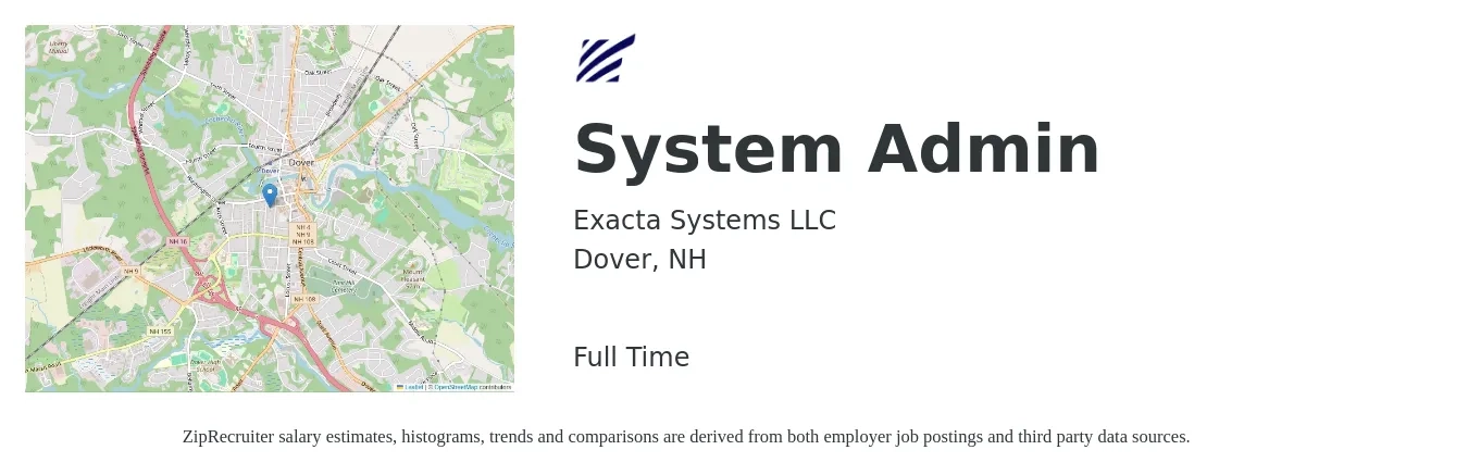 Exacta Systems LLC job posting for a System Admin in Dover, NH with a salary of $71,500 to $106,200 Yearly with a map of Dover location.