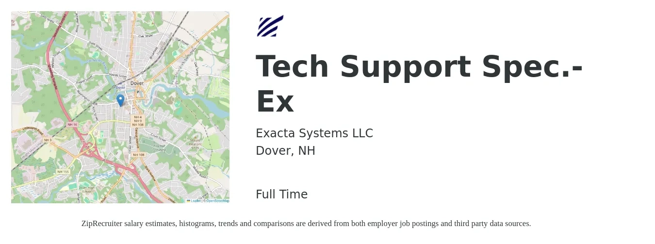 Exacta Systems LLC job posting for a Tech Support Spec.-Ex in Dover, NH with a salary of $22 to $32 Hourly with a map of Dover location.