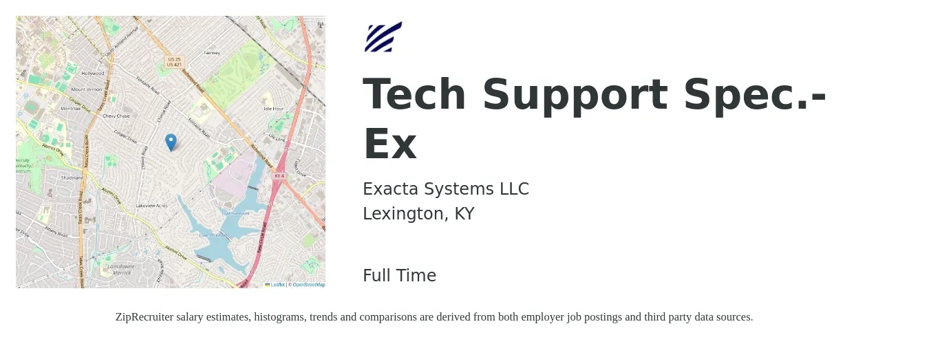 Exacta Systems LLC job posting for a Tech Support Spec.-Ex in Lexington, KY with a salary of $18 to $28 Hourly with a map of Lexington location.