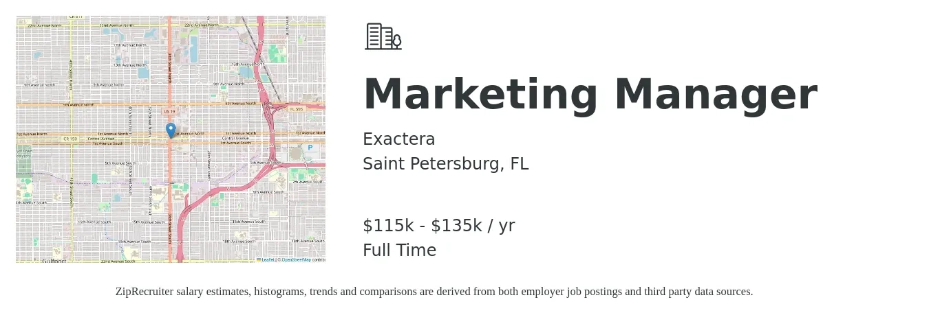 Exactera job posting for a Marketing Manager in Saint Petersburg, FL with a salary of $115,000 to $135,000 Yearly with a map of Saint Petersburg location.