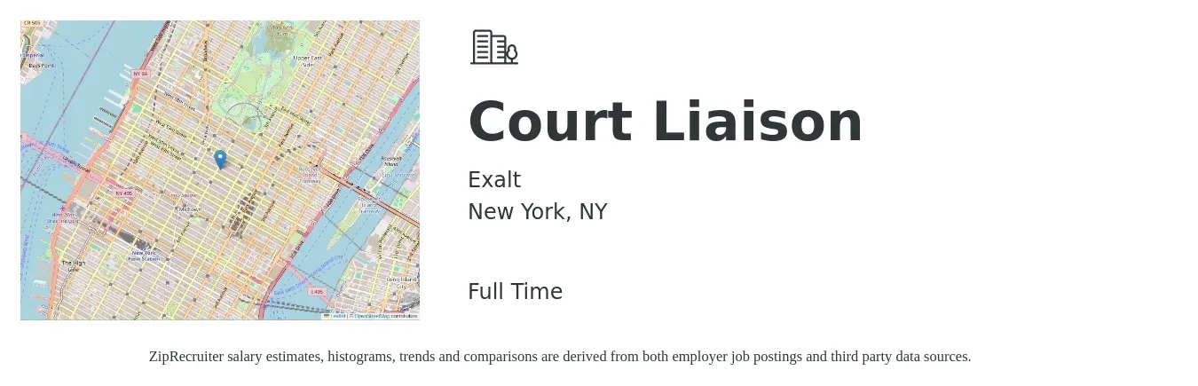 Exalt job posting for a Court Liaison in New York, NY with a salary of $58,500 Yearly with a map of New York location.