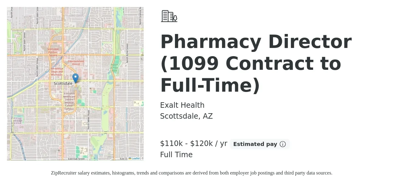 Exalt Health job posting for a Pharmacy Director (1099 Contract to Full-Time) in Scottsdale, AZ with a salary of $110,000 to $120,000 Yearly with a map of Scottsdale location.