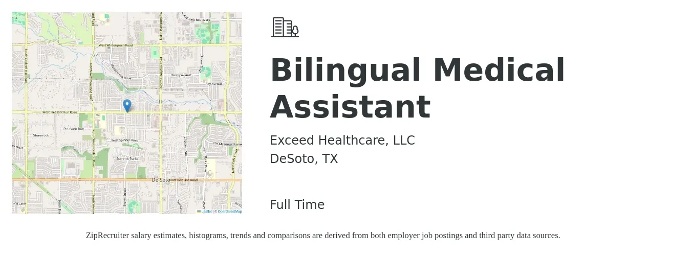 Exceed Healthcare, LLC job posting for a Bilingual Medical Assistant in DeSoto, TX with a salary of $17 to $22 Hourly with a map of DeSoto location.
