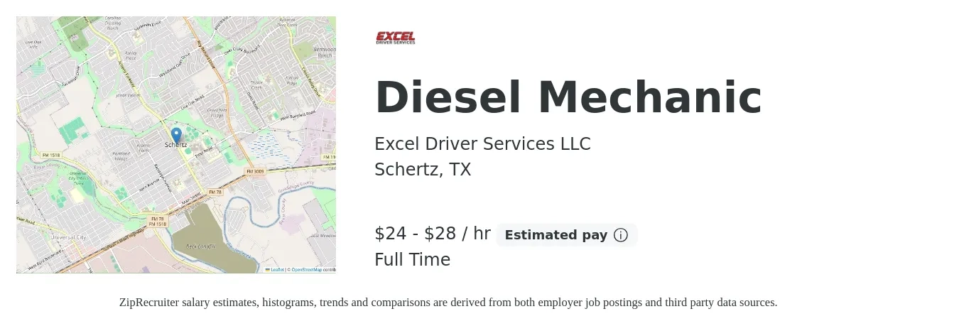 Excel Driver Services LLC job posting for a Diesel Mechanic in Schertz, TX with a salary of $25 to $30 Hourly with a map of Schertz location.