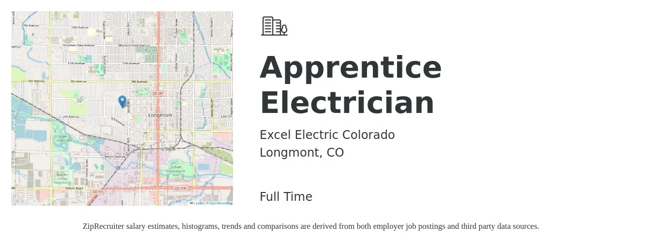Excel Electric Colorado job posting for a Apprentice Electrician in Longmont, CO with a salary of $19 to $26 Hourly with a map of Longmont location.