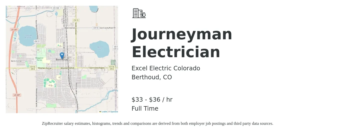 Excel Electric Colorado job posting for a Journeyman Electrician in Berthoud, CO with a salary of $35 to $38 Hourly with a map of Berthoud location.