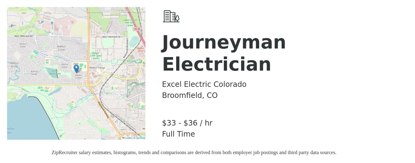 Excel Electric Colorado job posting for a Journeyman Electrician in Broomfield, CO with a salary of $35 to $38 Hourly with a map of Broomfield location.