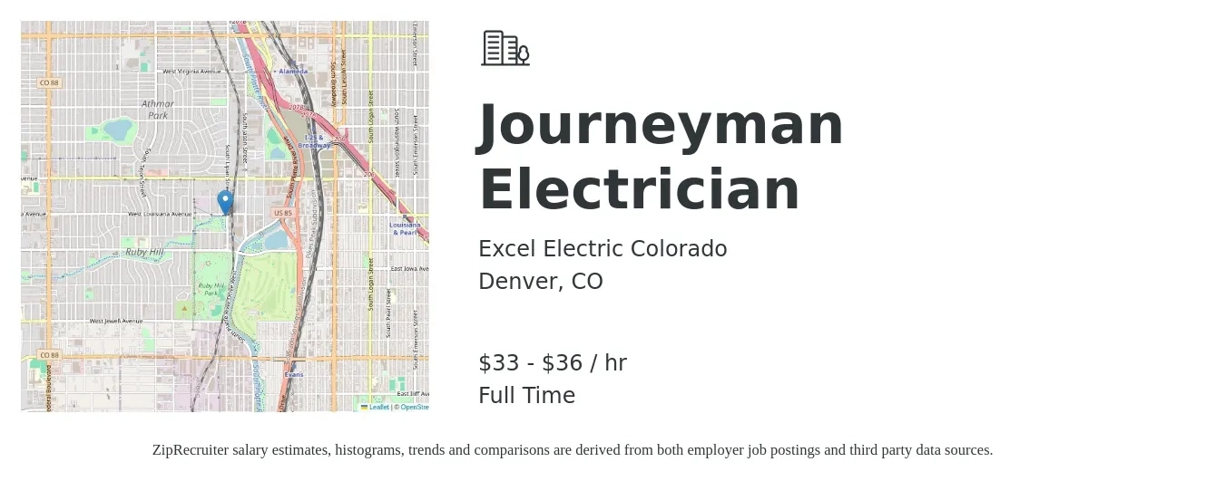 Excel Electric Colorado job posting for a Journeyman Electrician in Denver, CO with a salary of $35 to $38 Hourly with a map of Denver location.