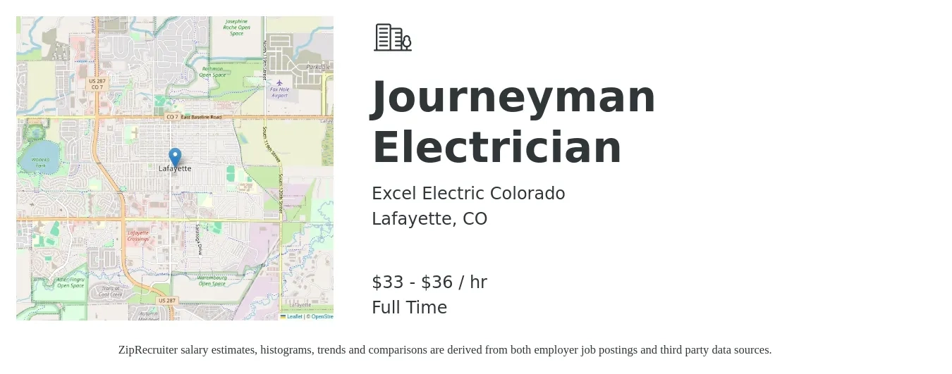 Excel Electric Colorado job posting for a Journeyman Electrician in Lafayette, CO with a salary of $35 to $38 Hourly with a map of Lafayette location.