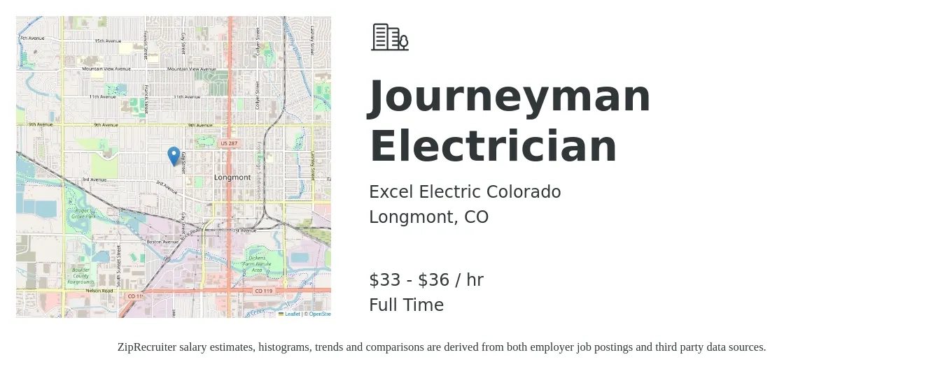 Excel Electric Colorado job posting for a Journeyman Electrician in Longmont, CO with a salary of $35 to $38 Hourly with a map of Longmont location.