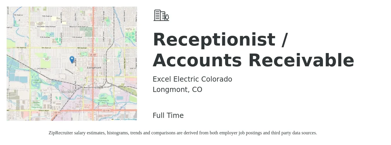Excel Electric Colorado job posting for a Receptionist / Accounts Receivable in Longmont, CO with a salary of $16 to $20 Hourly with a map of Longmont location.