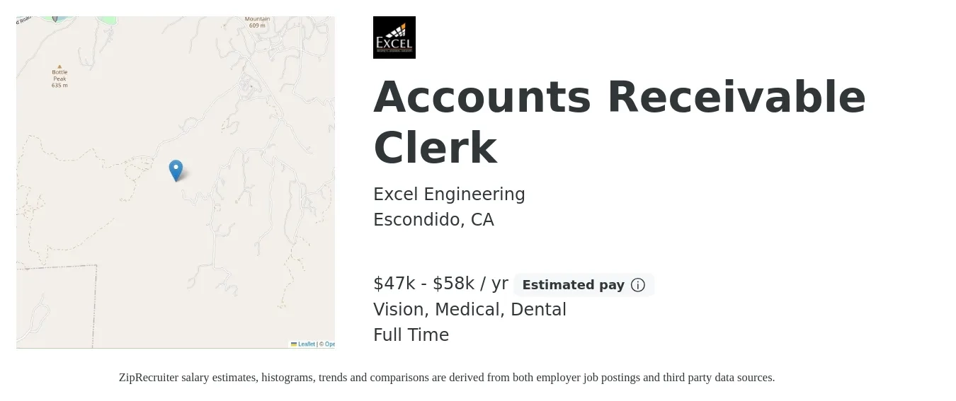 Excel Engineering job posting for a Accounts Receivable Clerk in Escondido, CA with a salary of $47,840 to $58,240 Yearly and benefits including medical, pto, retirement, vision, and dental with a map of Escondido location.