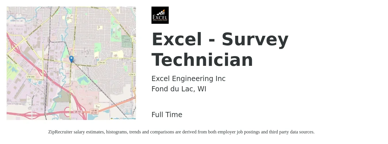 Excel Engineering Inc job posting for a Excel - Survey Technician in Fond du Lac, WI with a salary of $38,400 to $57,700 Yearly with a map of Fond du Lac location.