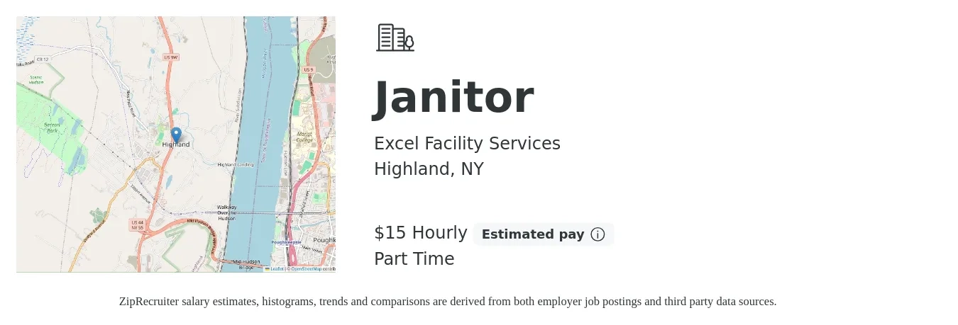 Excel Facility Services job posting for a Janitor in Highland, NY with a salary of $16 Hourly with a map of Highland location.