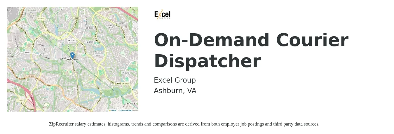 Excel Group job posting for a On-Demand Courier Dispatcher in Ashburn, VA with a salary of $25 Hourly with a map of Ashburn location.