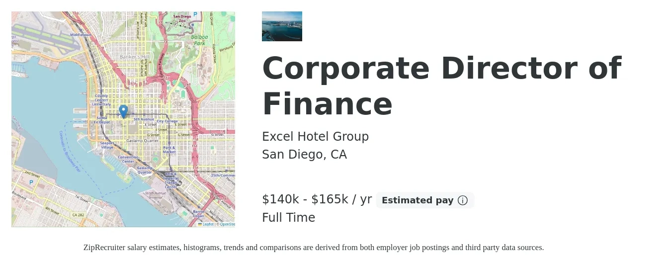 Excel Hotel Group job posting for a Corporate Director of Finance in San Diego, CA with a salary of $140,000 to $165,000 Yearly with a map of San Diego location.