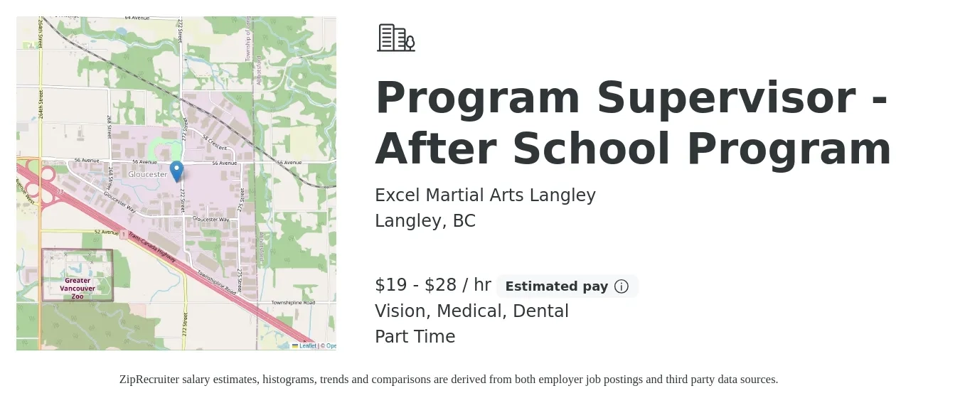 Excel Martial Arts Langley job posting for a Program Supervisor - After School Program in Langley, BC with a salary of $20 to $30 Hourly and benefits including medical, vision, and dental with a map of Langley location.
