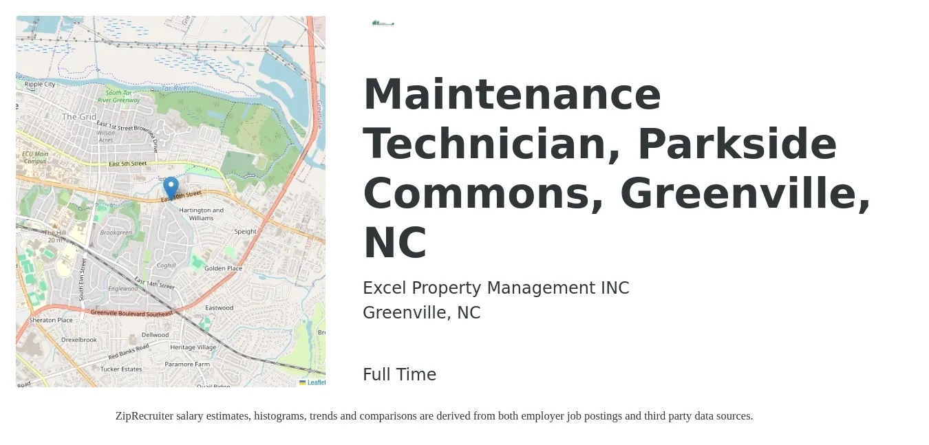 Excel Property Management INC job posting for a Maintenance Technician, Parkside Commons, Greenville, NC in Greenville, NC with a salary of $18 to $26 Hourly with a map of Greenville location.