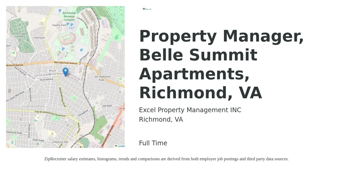Excel Property Management INC job posting for a Property Manager, Belle Summit Apartments, Richmond, VA in Richmond, VA with a salary of $43,600 to $67,400 Yearly with a map of Richmond location.
