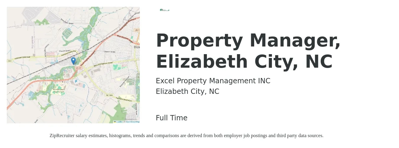 Excel Property Management INC job posting for a Property Manager, Elizabeth City, NC in Elizabeth City, NC with a salary of $42,100 to $65,100 Yearly with a map of Elizabeth City location.