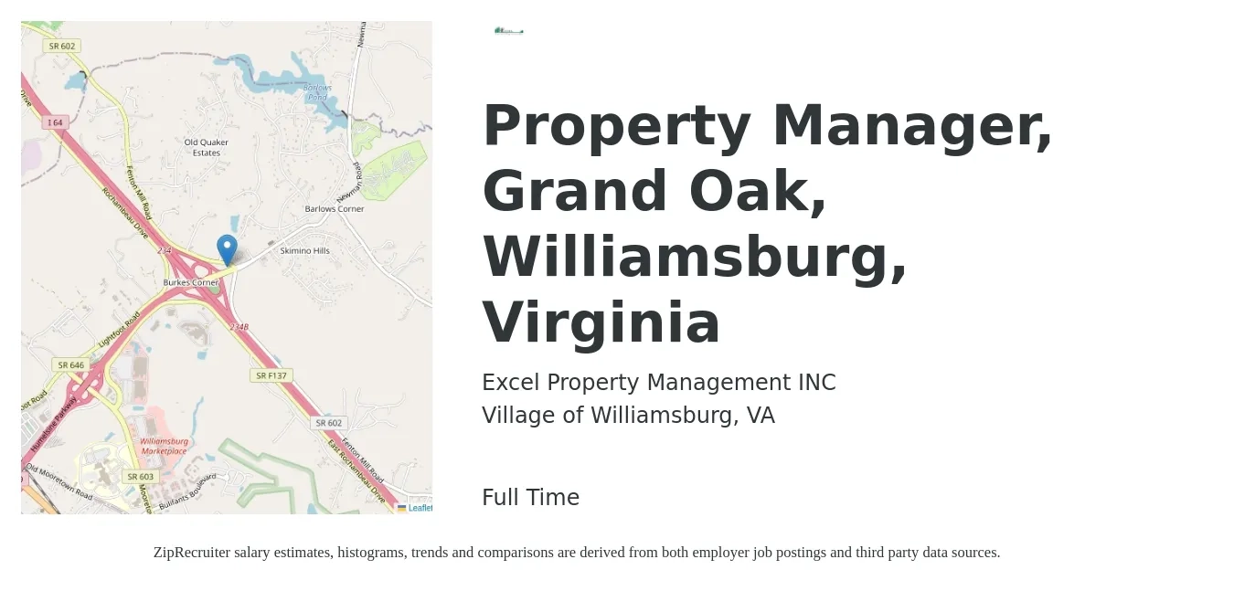 Excel Property Management INC job posting for a Property Manager, Grand Oak, Williamsburg, Virginia in Village of Williamsburg, VA with a salary of $39,900 to $61,700 Yearly with a map of Village of Williamsburg location.