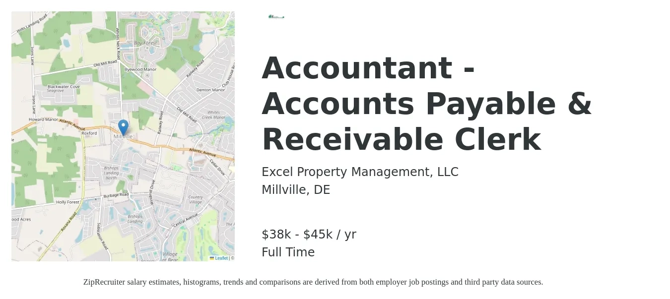 Excel Property Management, LLC job posting for a Accountant - Accounts Payable & Receivable Clerk in Millville, DE with a salary of $38,000 to $45,000 Yearly with a map of Millville location.