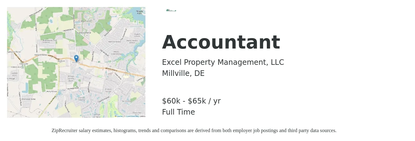 Excel Property Management, LLC job posting for a Accountant in Millville, DE with a salary of $60,000 to $65,000 Yearly with a map of Millville location.