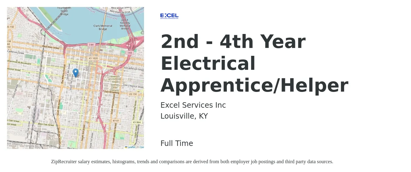 Excel Services Inc job posting for a 2nd - 4th Year Electrical Apprentice/Helper in Louisville, KY with a salary of $18 to $24 Hourly with a map of Louisville location.