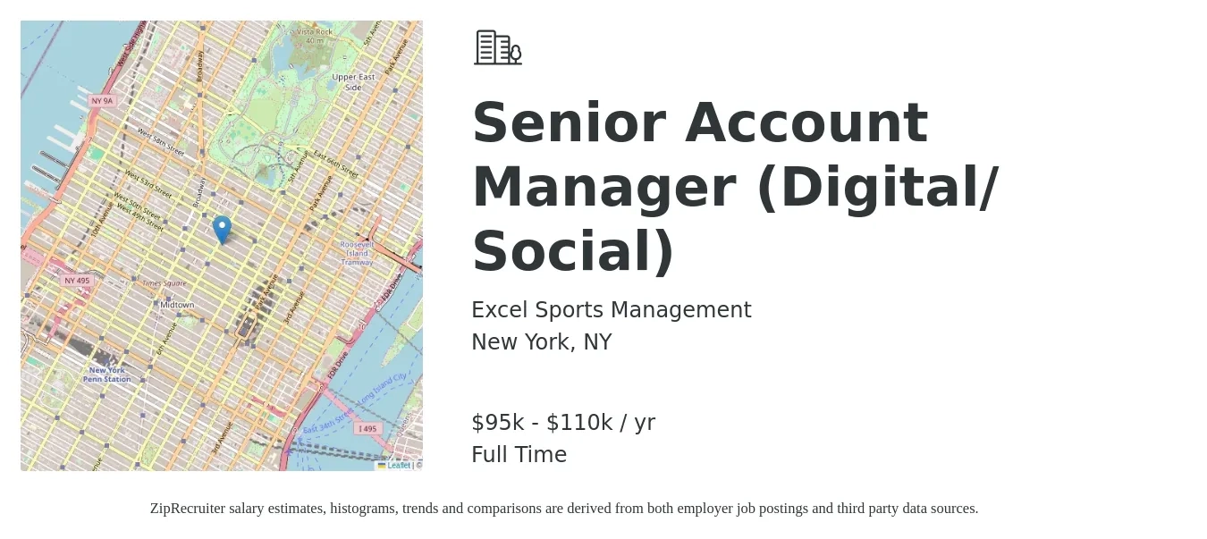 Excel Sports Management job posting for a Senior Account Manager (Digital/ Social) in New York, NY with a salary of $95,000 to $110,000 Yearly with a map of New York location.