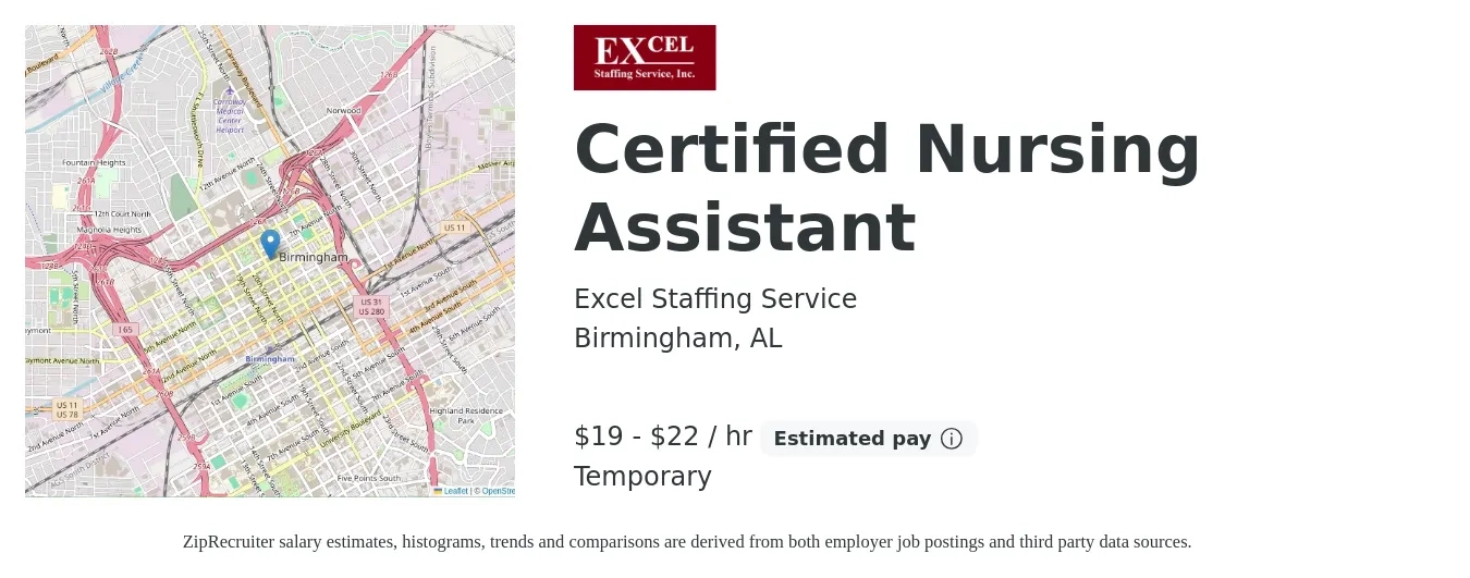 Excel Staffing Service job posting for a Certified Nursing Assistant in Birmingham, AL with a salary of $20 to $23 Hourly with a map of Birmingham location.