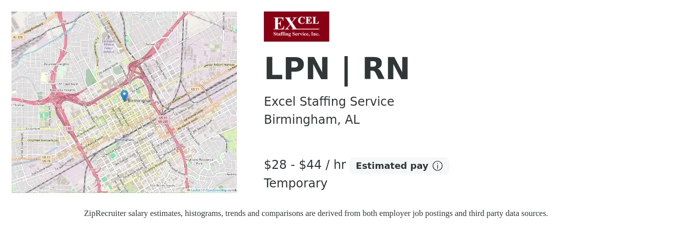 Excel Staffing Service job posting for a LPN | RN in Birmingham, AL with a salary of $30 to $46 Hourly with a map of Birmingham location.